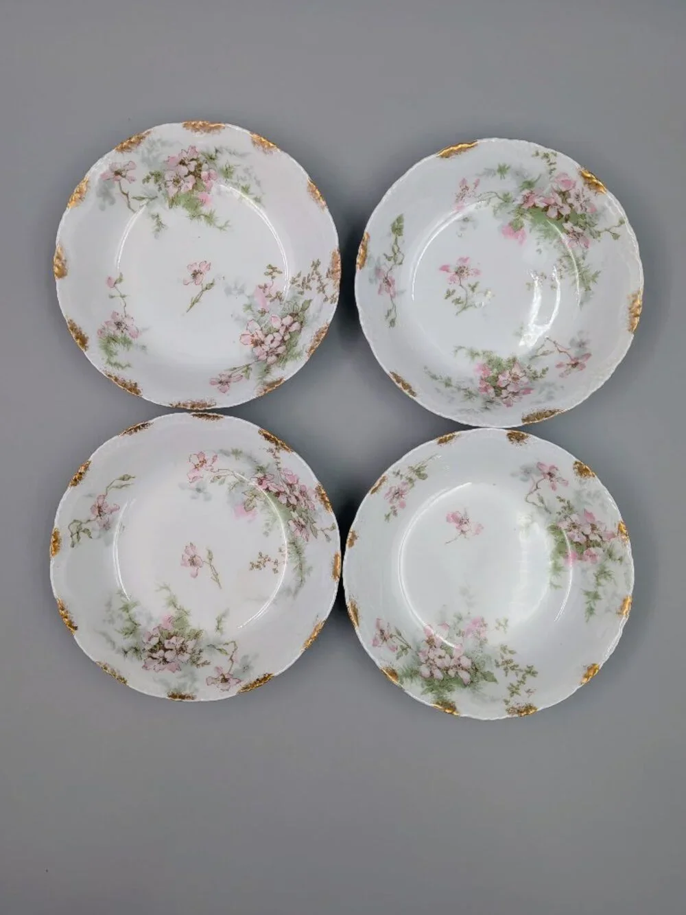 Set of 4 Antique Theodore Haviland Limoges Berry Bowls - Pink Floral Pattern